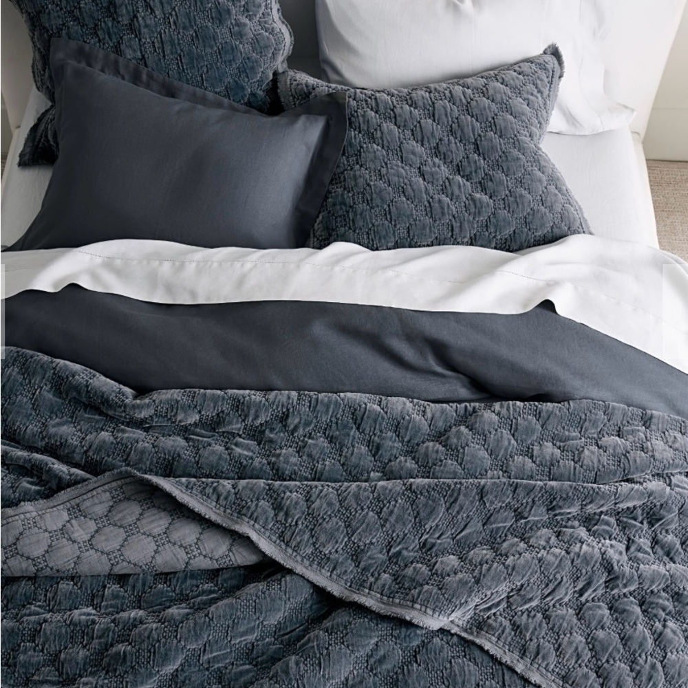 Pottery Barn Lattice Handcrafted Luxurious Blue Quilted Bedding Set